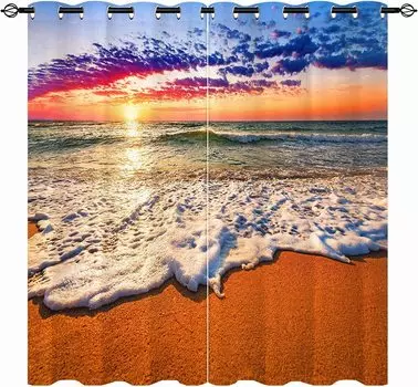 Океан Тропический Летний Гавайский Закат Морские Волны Пейзаж Узор Оконная Ткань Шторы, Гостиная, Левая и Правая, 2 Панели 100W160H(CM)40x63in&Hook