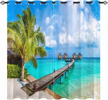 Океан, тропический, летний, гавайский, закат, морские волны, пейзаж, узор, оконная ткань, занавеска для гостиной, левая и правая, 2 панели 100W160H(CM)40x63in&Hook