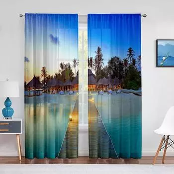 Океан, тропический остров, живописная прозрачная вуаль, занавеска для пляжа, пальмы, окна, тюлевые шторы, украшение для спальни, гостиной 1 PCS W100XH250cm&Rod Pocket