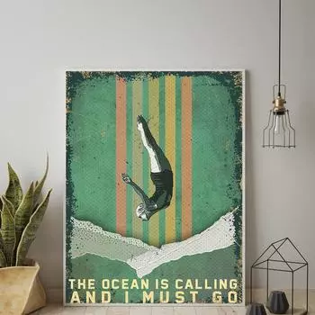 Океан зовет, и я должен идти, плакат с принтом, винтажный постер, дайвер, пловец, настенная живопись на холсте, скандинавский домашний декор, картина 21x30cm No Framed
