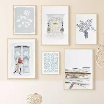 Океанская лодка, цветочная девушка, весло, дверь, минималистичная картина на холсте, плакаты на скандинавскую тему и принты, настенные художественные фотографии, домашний декор для детской комнаты 21X30cm No Frame