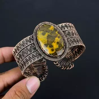 Океанская яшма, драгоценный камень, чистая медная проволока, завернутая в манжеты/браслет ручной работы, регулируемые ювелирные изделия для нее Adjustable жёлтый