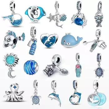 Океанские Подвески Стерлингового Серебра 925 пробы Ракушка Дельфин Хвост Русалки Синие Подвески Fit Fusion Оригинальный Браслет DIY Модные Ювелирные Изделия
