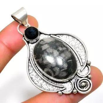 Океанский дымчатый агат, черная шпинель, драгоценный камень 925, посеребренный кулон 2,46 дюйма 2.46 чёрный