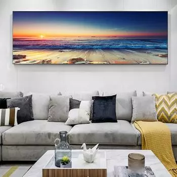 Океанский пляжный пейзаж, панорама, холст, картина, закаты, природа, побережье, плакат, печать, настенные художественные фотографии для декора гостиной, Куадрос 30x90cm Unframed