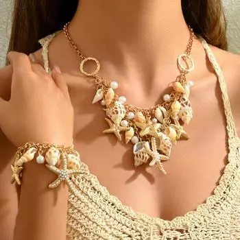 Океанский Ветер Женский Набор Ожерелье Браслет Персонализированный Дизайн Морская Звезда Ракушка Жемчуг Ожерелье Ювелирные Изделия