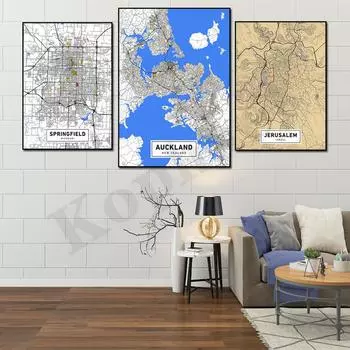 Окленд Квебек Пекин Берген Будапешт Рим Спрингфилд Иерусалим Цветная карта Домашний Настенный Декор Плакат 21cm30cm NoFrame