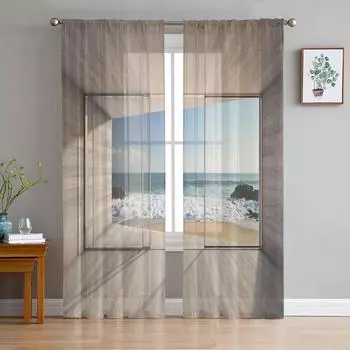 Окна Скалы Вид на Море Белые Тюлевые Шторы Для Гостиной Спальни Детская Комната Кухня Декор Окна Прозрачная Вуаль Шторы 1 PCS W100XH250cm&Rod Pocket