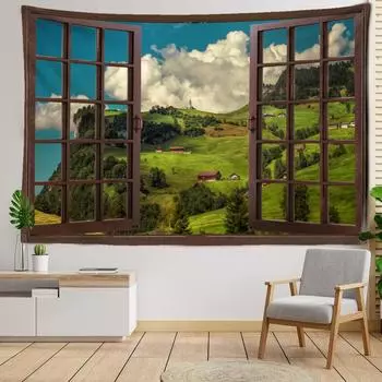 Окно Хижина на вершине холма Пейзажный гобелен Настенный природный пейзаж Гостиная Спальня Эстетический декор комнаты Фоновая ткань 95x70CM