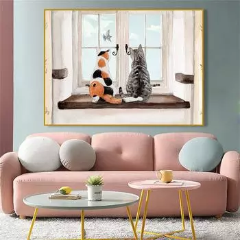 Окно кошки мультфильм живопись холст печать современный настенный художественный постер с животными теплая картина для влюбленных гостиная домашний декор Cuadros 21x30cm No Framed