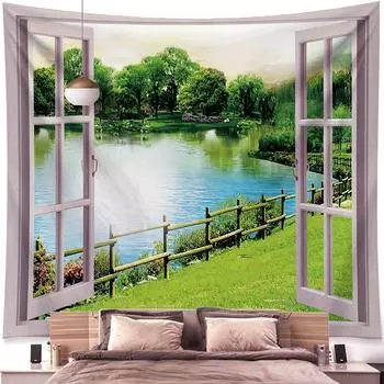 Окно лесной пейзаж живопись гобелен настенный богемный стиль психоделическая мандала спальня домашний декор 95x75cm