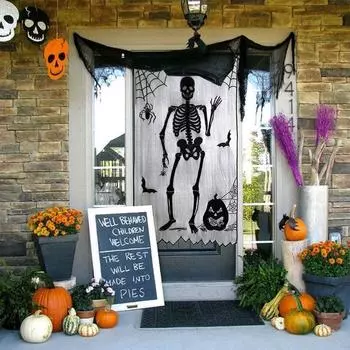 Окно Паук Ведьма Летучая мышь Череп Дверь Занавеска Хэллоуин Фестиваль призраков Черная кружевная занавеска Хэллоуин Атмосфера Украшения Семейное собрание Украшения Skull