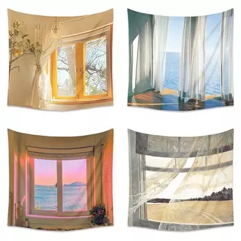 Окно Пейзаж Фон Подвесной Ткань Спальня Гостиная Гобелен Домашнее Настенное Украшение Гобелен 100x75cm