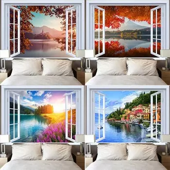 Окно Пейзаж Озеро Узор Подвесной Ткань Спальня Гостиная Гобелен Домашнее Настенное Украшение Гобелен 100x75cm