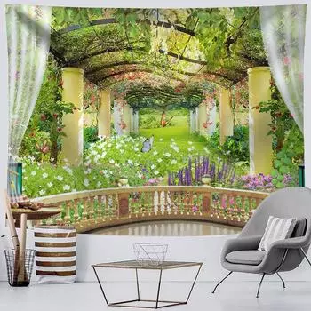 Окно Вид на Лес Гобелен Настенное Полиэстеровое Одеяло Психоделический Хиппи Бохо Стиль Декор Гостиной 95X73cm