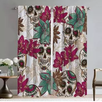 Оконная занавеска для комнаты, 2-панельные шторы с изображением цветочного черепа для спальни, украшения на Хэллоуин, перегородки для домашнего интерьера, шторы для гостиной W50xH70cmx2pcs-CL