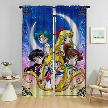 Оконная занавеска для комнаты, 2 панели, занавески для кухни с изображением Сейлор Мун, занавески для домашнего интерьера, тюль для спальни, украшение на Хэллоуин W50xH70cmx2pcs