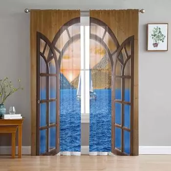 Оконные морские парусные пейзажи прозрачные шторы для гостиной, тюлевые шторы для спальни, кухни, украшения дома, вуаль, шторы W135 x H115cm x1&Rod Pocket
