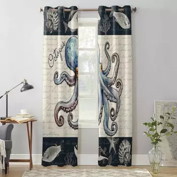 Оконные шторы в виде ракушки осьминога и морской звезды для гостиной, роскошные шторы для спальни, кухонные шторы, занавески 135W x 60H(cm) x1