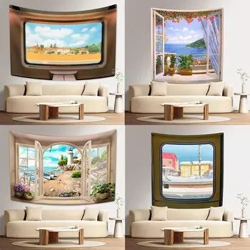 Оконный пейзаж, имитация печати, модное украшение для дома, гобелен для гостиной, спальни, гобелен 100x75cm