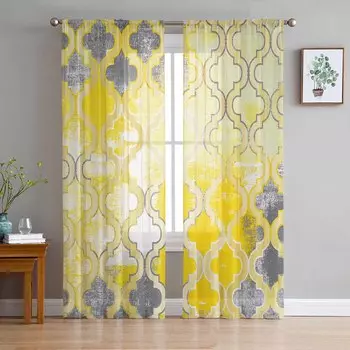 Окрашенные пестрые современные марокканские желтые оконные тюлевые шторы для гостиной, спальни, отеля, роскошные украшения, прозрачные шторы 135W x 114H(cm)