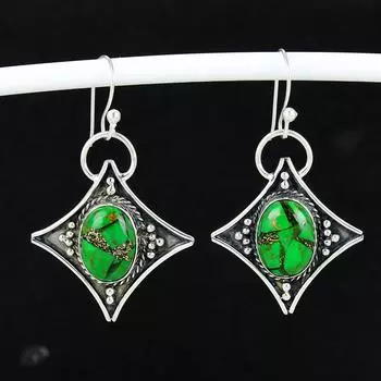 Окрашенные зеленые медные бирюзовые старинные серьги из стерлингового серебра 925 пробы, серьги-подвески из серебра в стиле бохо, подарки для женщин, подарки для нее 4 Cm зелёный