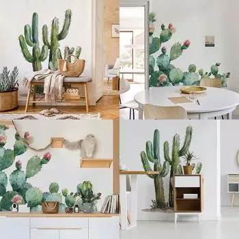 Окрашенный небольшой свежий зеленый кактус для украшения стены спальни гостиной декоративные наклейки на стену самоклеящиеся 39*118CM*2PCS/fun-L080