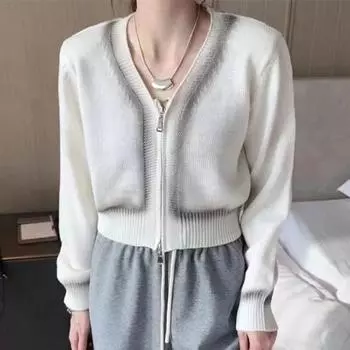 Окрашенный в галстук дизайн, вязаный кардиган на молнии с v-образным вырезом, свитер, женский осенний новый дизайн, короткий свитер, кардиган, женское пальто One Size чёрный