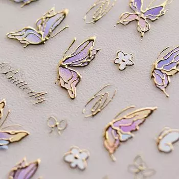 Окрашивание фиолетовой бабочки золотыми линиями лазерная мягкая рельефная наклейка для дизайна ногтей наклейка украшение