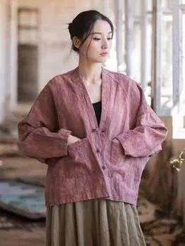 Окрашивание пряжей из рами, стирка в песке и потертые куртки для женщин 2024 года, новые летние и осенние топы с V-образным вырезом, карманами на пуговицах и длинными рукавами, пальто One Size