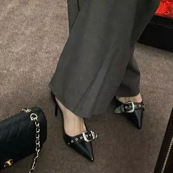 OL British belt весна новинка 2024 года, остроносые туфли из кожи с толстым каблуком, одно слово, металлическая пряжка, женские туфли для поездок на работу 35