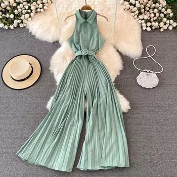 Ol Профессиональный плиссированный комбинезон без рукавов с широкими штанинами 202 Летняя мода с закрытием талии Тонкий женский комбинезон с открытыми плечами и лацканами