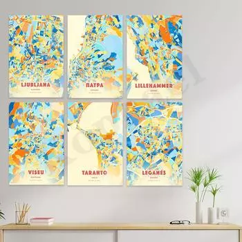 Ольстер. Монпелье. Грац. Леганес. Обслуживание. Лиллехаммер. Патры. Любляна. Ла-Рошель. Лимож. Плакат с цветной картой города 21cm30cm NoFrame