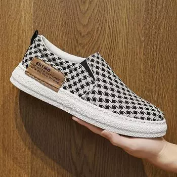 Old Beijing cloth shoes men s 2024 new summer breathable slip-on plaid canvas shoes high-end low-top shoes 39 бежевый