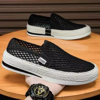 Old Beijing cloth shoes men s summer mesh breathable thin hollow mesh shoes men s one-pedal sports soft-soled fisherman shoes 39 чёрный