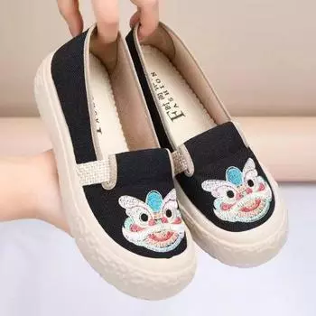 Old Beijing Cloth Shoes Women s National Style Versatile Breathable Embroidery Flat Bottom Casual One Foot Pedal Ethnic Style Student Casual Thick Sho 36
