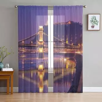 Old Chain Bridge Over The River Chiffon Sheer Curtains for Living Room Bedroom Kitchen Decoration Window Voiles Tulle Curtain 135W x 114H(cm)