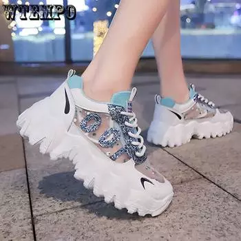 Old Daddy Shoes Женская весенняя женская обувь с блестками Красочные повседневные дышащие сетчатые кроссовки 35 белый