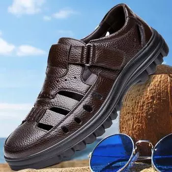 Сандалии из коровьей кожи для пожилых людей, обувь для пап, кожаные туфли для людей среднего и пожилого возраста, мужская обувь из натуральной кожи с мягкой подошвой и нескользящими отверстиями 38