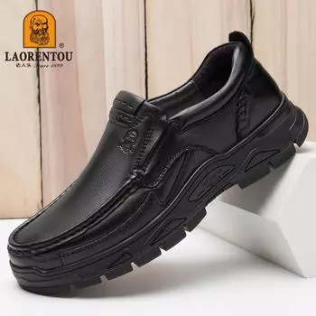 Old man head leather men s shoes casual leather shoes men s casual shoes round head breathable middle-aged and elderly father shoes first layer cow 38 чёрный