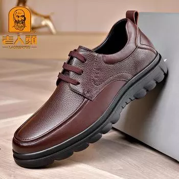 Old man head leather shoes men s leather breathable casual lace-up men s leather shoes first layer cowhide dad shoes gift shoes for elders 38 чёрный