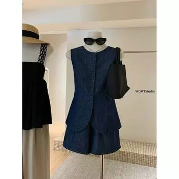 Old Qian Style Vest Suit Set Loose Vest Demin shirt Top Wide Leg Shorts Summer Clothing Wear A Complete Set Blue S