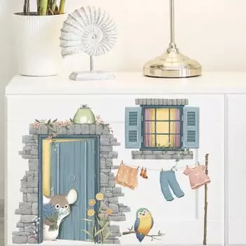 Олень и птица синяя дверь, окна, мультяшная наклейка на стену для гостиной, детской комнаты, фоновое украшение, декор, плакат 01