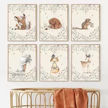 Олень Кролик Лиса Белка Медведь Животные Детская Настенная Живопись Холст Картина Скандинавские Плакаты И Принты Настенные Картины Декор Детской Комнаты 21x30cm No Framed