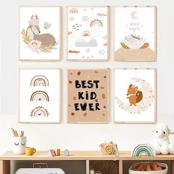 Олень, кролик, лиса, солнце, радуга, рост цветов, цитаты, настенные художественные постеры, принты, скандинавская картина на холсте, мультяшные картинки, декор для детской комнаты 21cm30cm NoFrame
