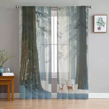 Олень Лес Снег Зимний Пейзаж Тюлевые Прозрачные Оконные Шторы для Гостиной Спальни Современная Вуаль Шторы из Органзы Портьеры W135 x H115cm x1