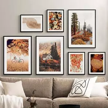 Олень Лиса Хижина Цветы Листья Осенний Пейзаж Плакаты Печать Холст Картина Скандинавское Настенное Искусство Картины Для Декора Гостиной 21*30cm No Frame