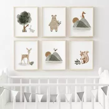 Олень, лиса, кролик, медведь, лесная детская настенная живопись, холст, картина, скандинавские постеры, настенные картины в стиле бохо для декора детской комнаты 21x30cm No Framed озеро синий