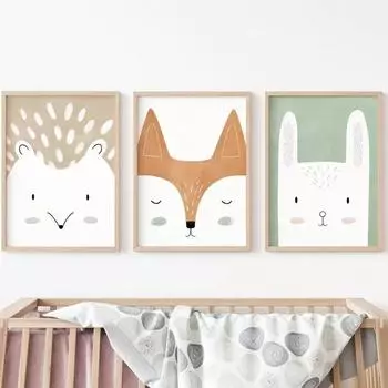 Олень, лиса, кролик, медведь, ёжик, лесная настенная живопись для детской комнаты, холст, картина, плакат на скандинавскую тему, настенные панно, декор для детской комнаты 21cm30cm NoFrame