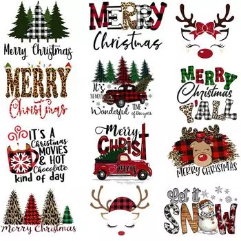 Олень Рождественская елка Машина Печать Термоперевод Фартук Дети Школьная сумка Футболка Наклейка Одежда Сумка Моющаяся нашивка Декор Праздничные подарки